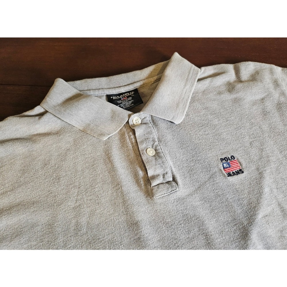 Polo Jeans Co Ralph Lauren Polo Mens XL Grey American Flag Logo Short Sleeve
